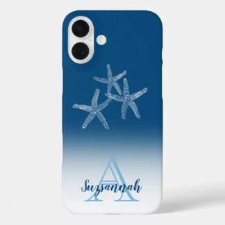 Monogram Name Blue Ombre Tropical Starfish iPhone 16 Plus Case