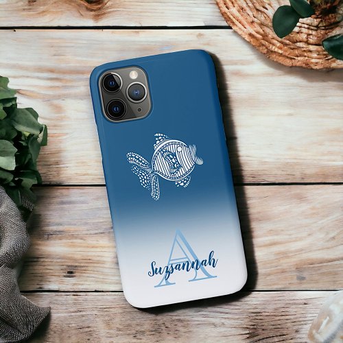 Monogram Name Blue Ombre White Fish Outline iPhone 11 Pro Case