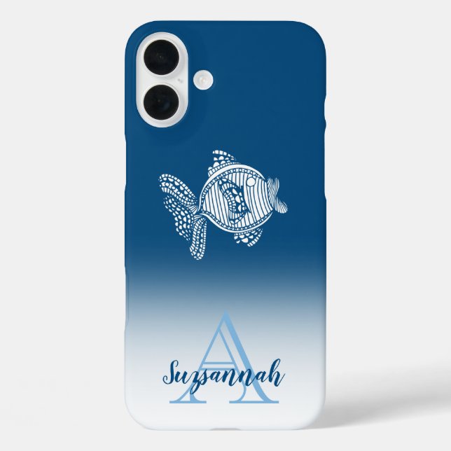Monogram Name Blue Ombre White Fish Outline Case-Mate iPhone Case (Back)