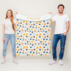 Monogram Name Blue Orange Yellow Cute Cats Fleece Blanket