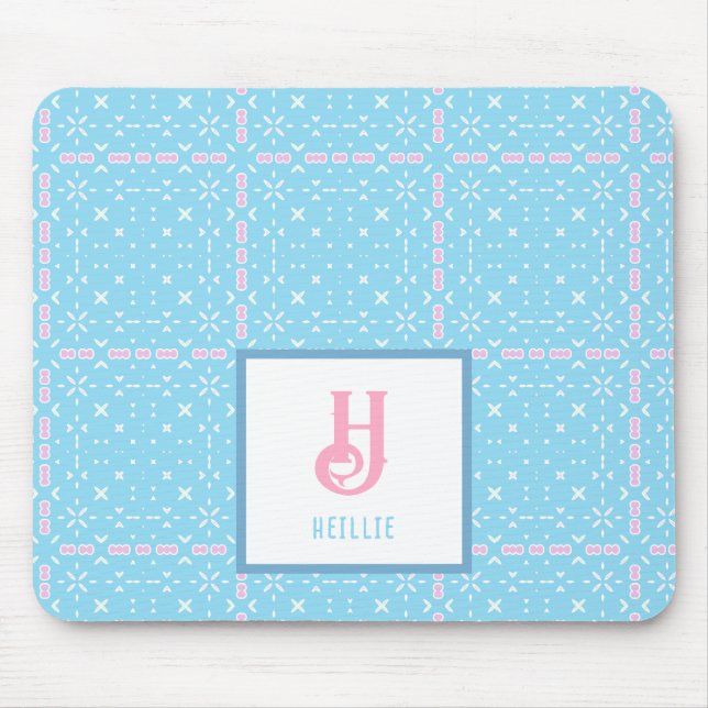 Monogram Name Blue & Pink Elements Pattern Mouse Pad (Front)