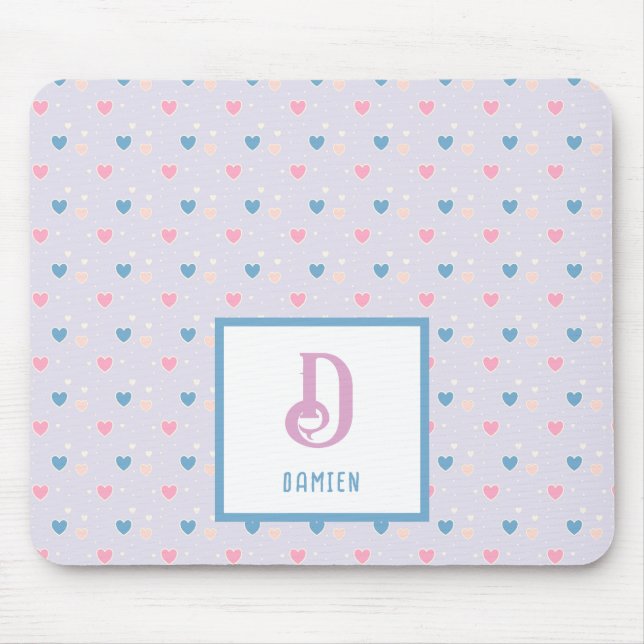 Monogram Name Blue & Pink Hearts Pattern Mouse Pad (Front)