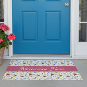 Monogram Name Blue Pink Wildflower Botanical Doormat