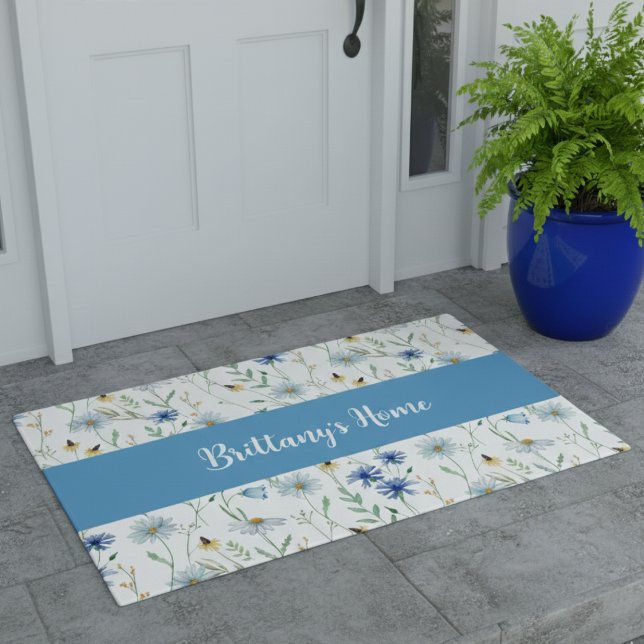 Monogram Name Blue Purple Watercolor Wildflower Doormat (Creator Uploaded)