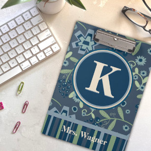 Monogram Name Blue Stripe Floral Teacher Clipboard