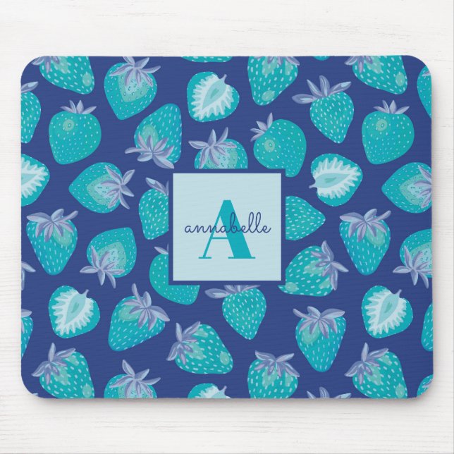 Monogram Name Blue Summer Strawberry Pattern Mouse Pad (Front)