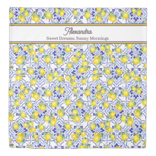 Monogram Name Blue Tile French Country Lemon Duvet Cover