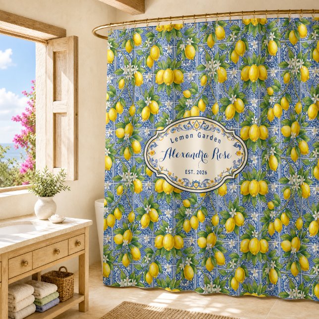 Monogram Name Blue Tile French Country Lemon Shower Curtain (Creator Uploaded)