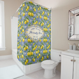 Monogram Name Blue Tile French Country Lemon Shower Curtain