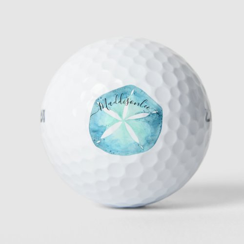 Monogram Name Blue Watercolor Sand dollar Golf Balls