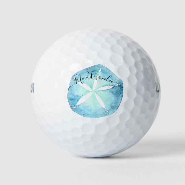 Monogram Name Blue Watercolor Sand dollar Golf Balls (Front)