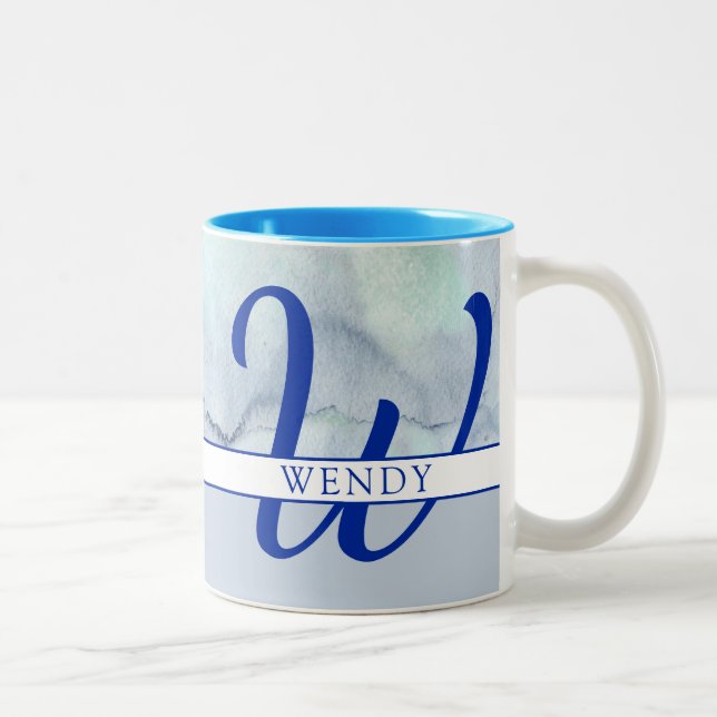 Monogram Name Blue Watercolor Two-Tone Coffee Mug (Right)