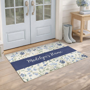 Monogram Name Blue Watercolor Wildflower Doormat