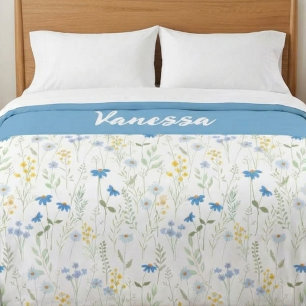 Monogram Name Blue Watercolor Wildflower Duvet Cover