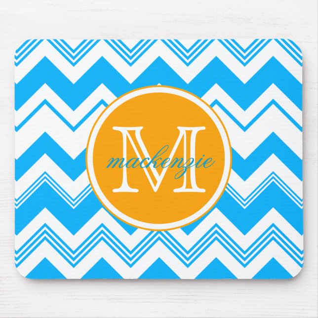 Monogram Name Blue White Chevron Pattern Mouse Pad (Front)