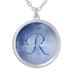 Monogram Name Blue White Watercolor Trendy Silver Plated Necklace