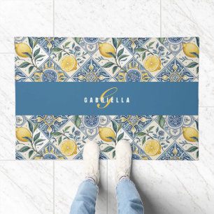 Monogram Name Blue Yellow Watercolor Lemon Doormat