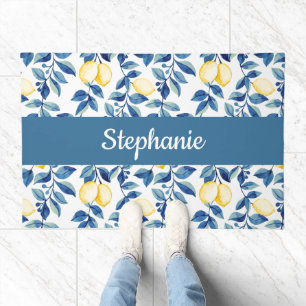Monogram Name Blue Yellow Watercolor Lemon Doormat