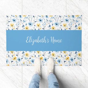 Monogram Name Blue Yellow Watercolor Wildflower Doormat
