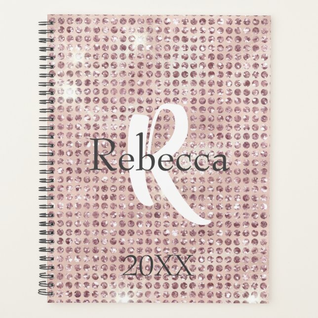 Monogram Name Blush Pink Diamond Studded Trendy  Planner (Front)