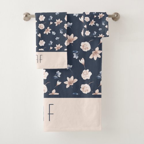 Monogram Name Blush Pink Navy Blue Floral  Bath Towel Set