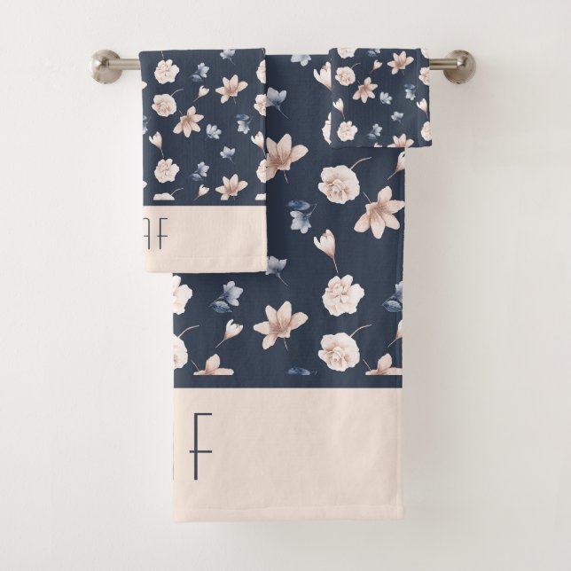 Monogram Name Blush Pink Navy Blue Floral  Bath Towel Set (Insitu)