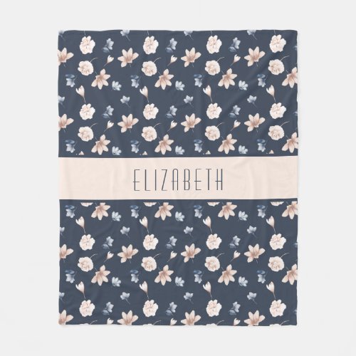 Monogram Name Blush Pink Navy Blue Floral  Fleece Blanket