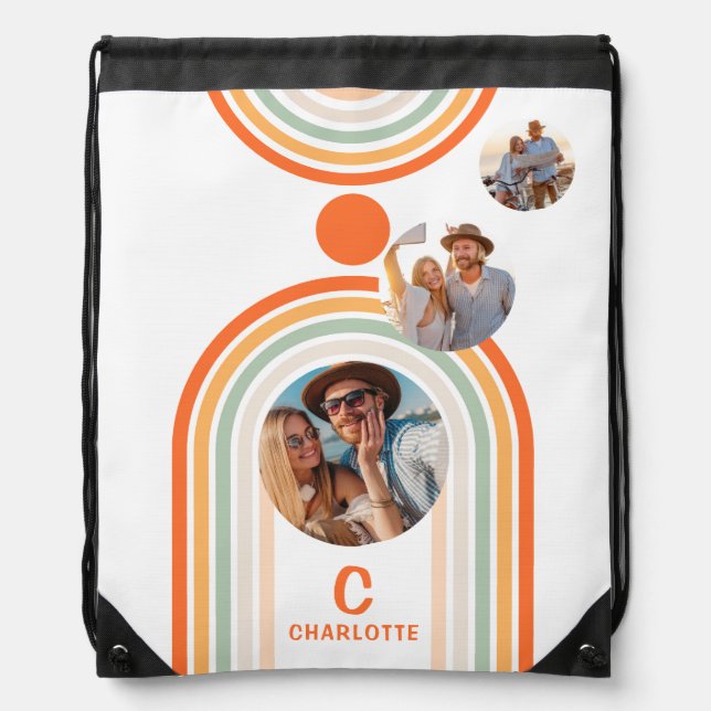Monogram Name Boho Arch Multi Photo Trendy Girl Drawstring Bag (Front)