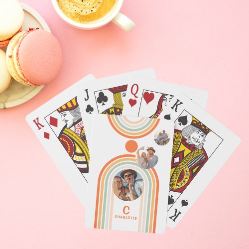 Monogram Name Boho Arch Multi Photo Trendy Girl Poker Cards