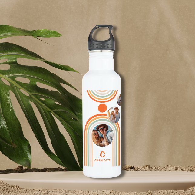 Monogram Name Boho Arch Multi Photo Trendy Girly Stainless Steel Water Bottle (Creator Uploaded)