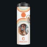 Monogram Name Boho Arch Multi Photo Trendy Girly Thermal Tumbler<br><div class="desc">Monogram Name Boho Arch Multi Photo Trendy Girly Mid Century Thermal Tumbler features a photo collage of three of your favorite photos on a bohemian arch in orange and blue on a white background with your personalized name and monogram in a modern orange script. Personalize by editing the text in...</div>