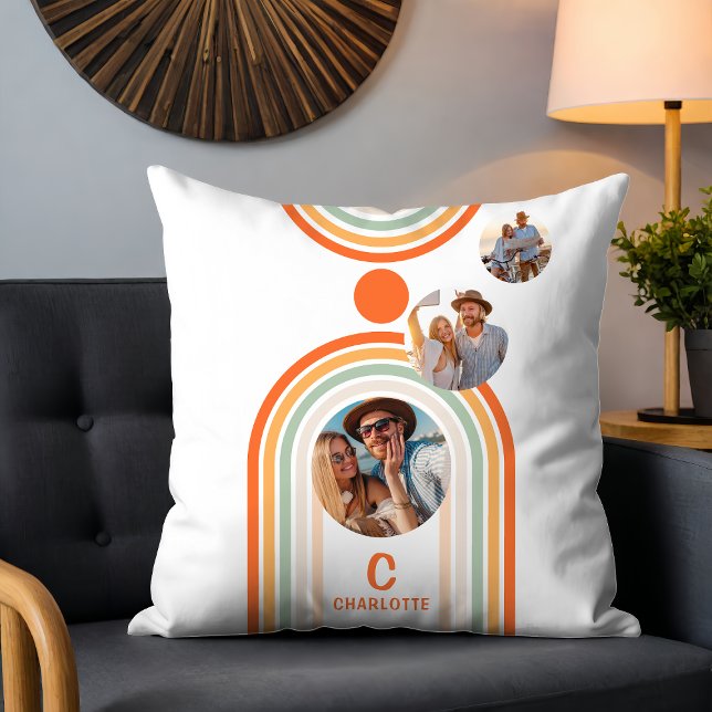 Monogram Name Boho Arch Multi Photo Trendy Girly Throw Pillow (Creator Uploaded)