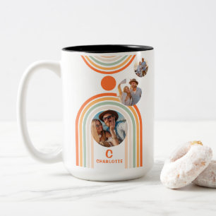 Monogram Name Boho Arch Multi Photo Trendy Girly Two-Tone Coffee Mug