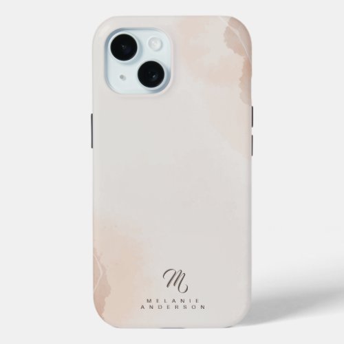 Monogram Name Boho Marble Watercolor Ink Neutral iPhone 15 Case