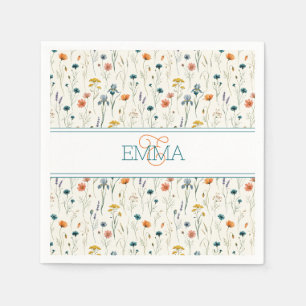 Monogram Name Boho Wildflower Pattern Orange Teal Napkins