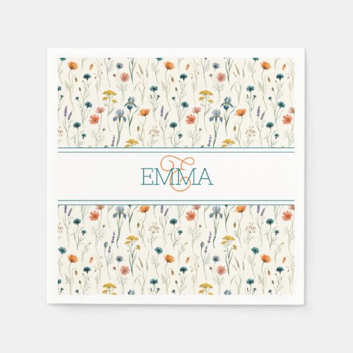Monogram Name Boho Wildflower Pattern Orange Teal Napkins
