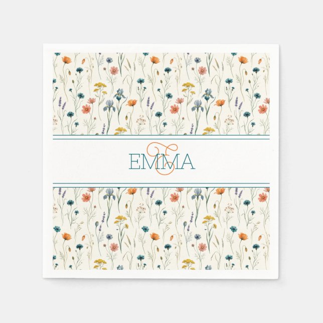 Monogram Name Boho Wildflower Pattern Orange Teal Napkins (Front)