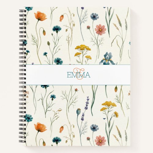 Monogram Name Boho Wildflower Pattern Orange Teal Notebook