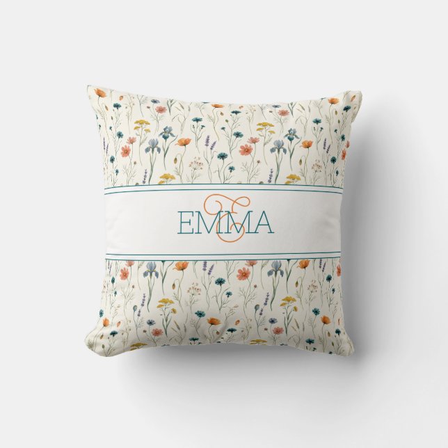 Monogram Name Boho Wildflower Pattern Orange Teal Throw Pillow (Front)