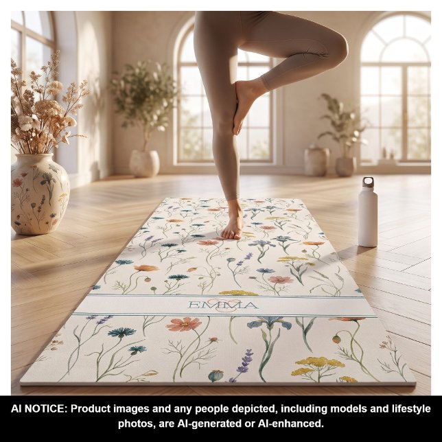 Monogram Name Boho Wildflower Pattern Orange Teal Yoga Mat (Creator Uploaded)