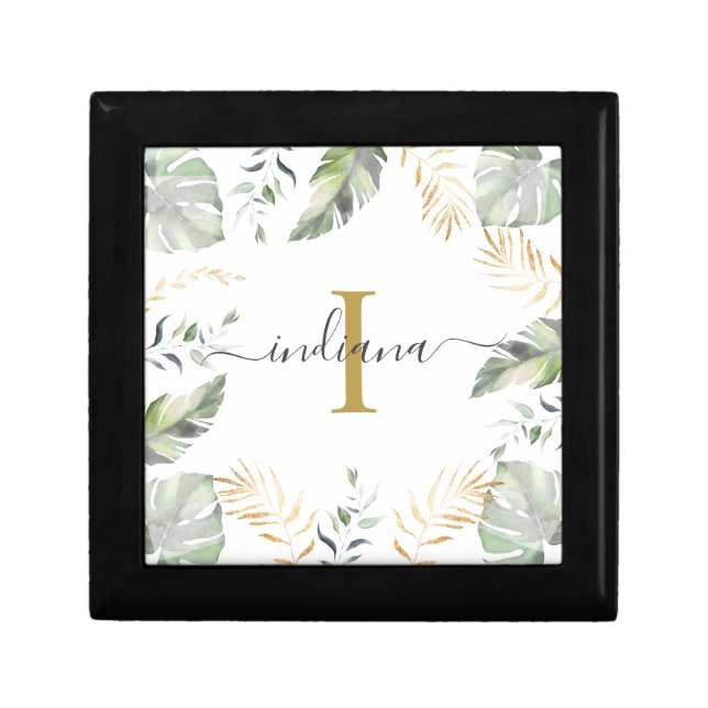 Monogram Name Botanical Palms Leaves Green Gold Gift Box (Front)