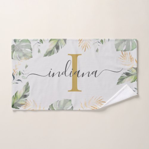 Monogram Name Botanical Palms Leaves Green Gold Hand Towel