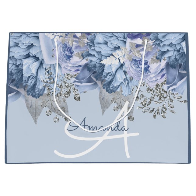 Monogram Name Bridal Favor Wedding Blue Floral Large Gift Bag (Front)