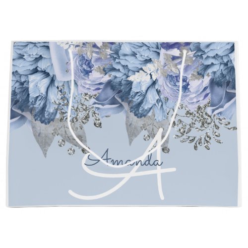 Monogram Name Bridal Favor Wedding Blue FloralGray Large Gift Bag