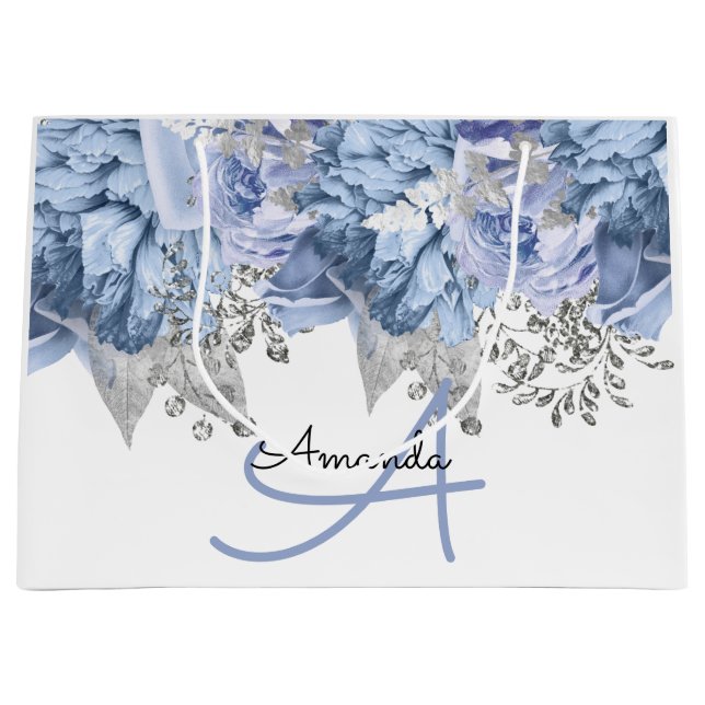 Monogram Name Bridal Favor Wedding Blue White Large Gift Bag (Front)
