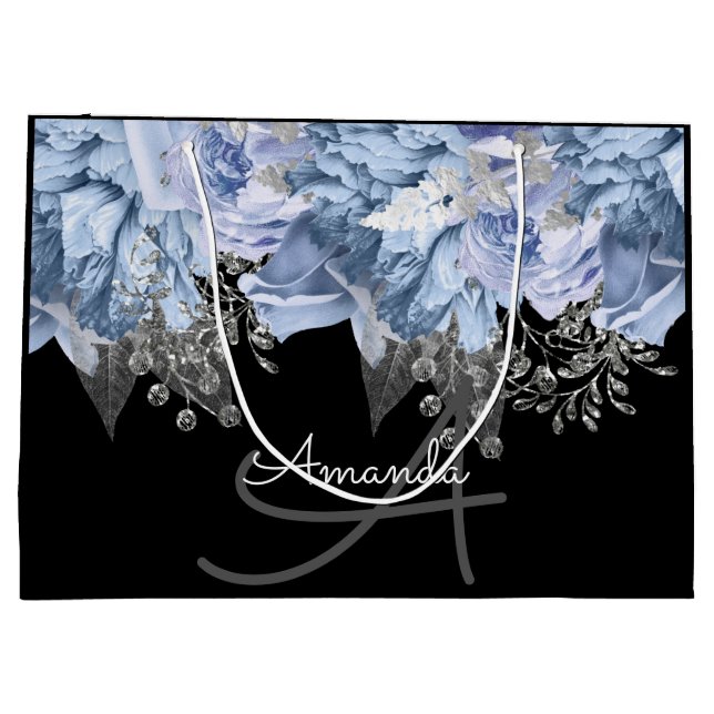 Monogram Name Bridal Favor Wedding Rose BlueFloral Large Gift Bag (Back)
