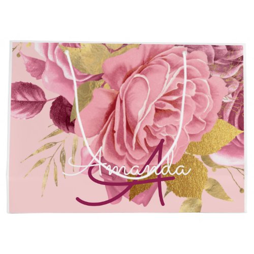 Monogram Name Bridal Wedding Favor Pink Rose Large Gift Bag