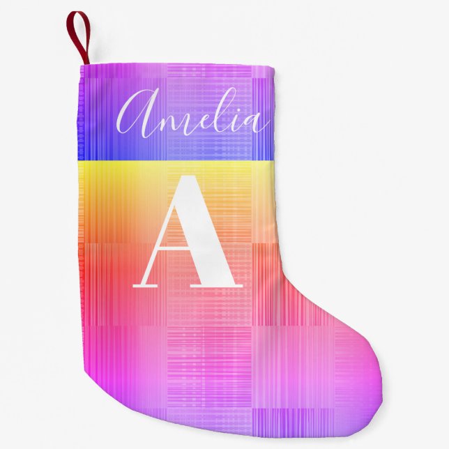 Monogram Name Bright Faded Checkerboard Small Christmas Stocking (Front)