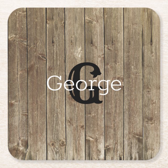 Monogram Name Brown Wood Personalized Square Paper Coaster (Front)
