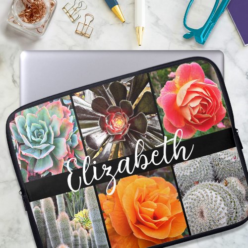 Monogram name cacti rose photo collage modern laptop sleeve